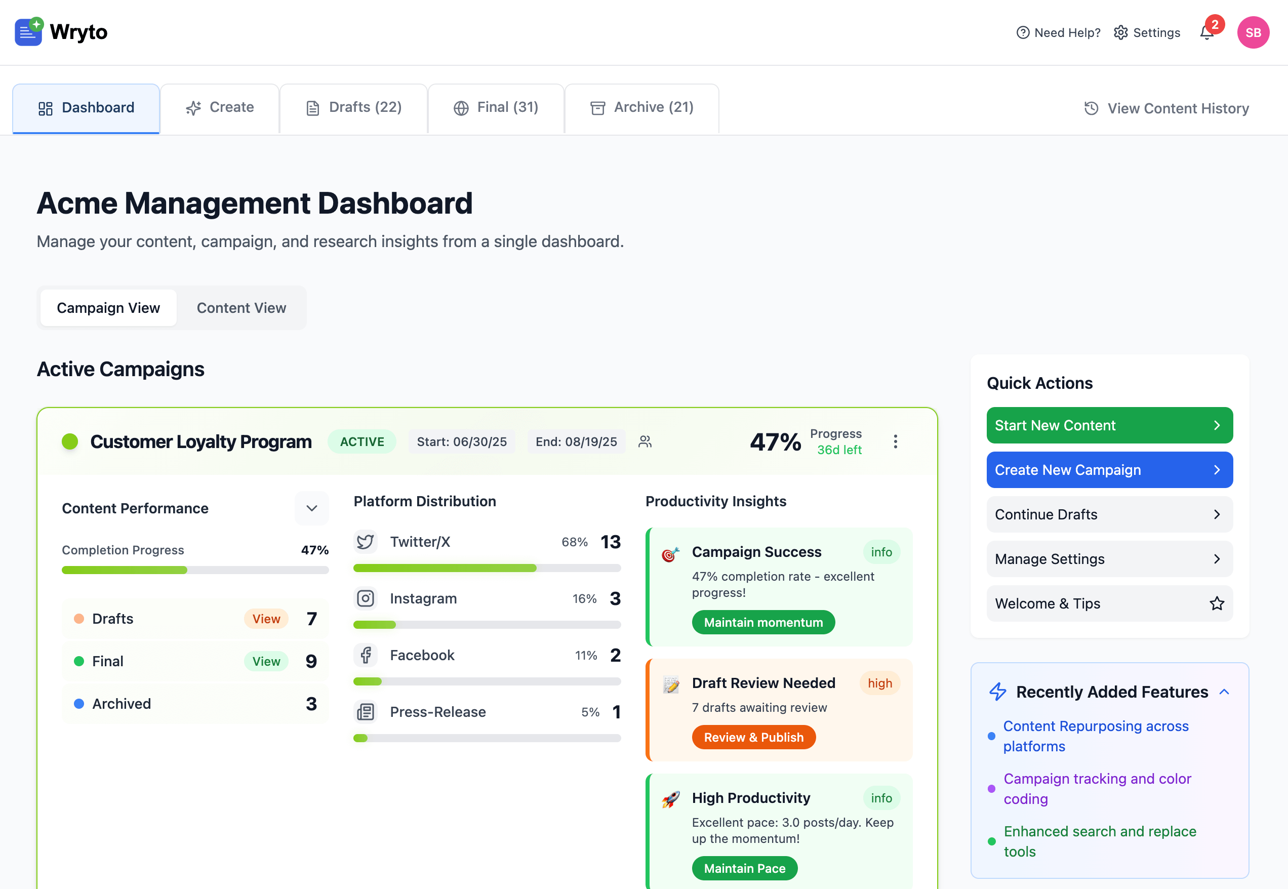 Wryto Dashboard View 1