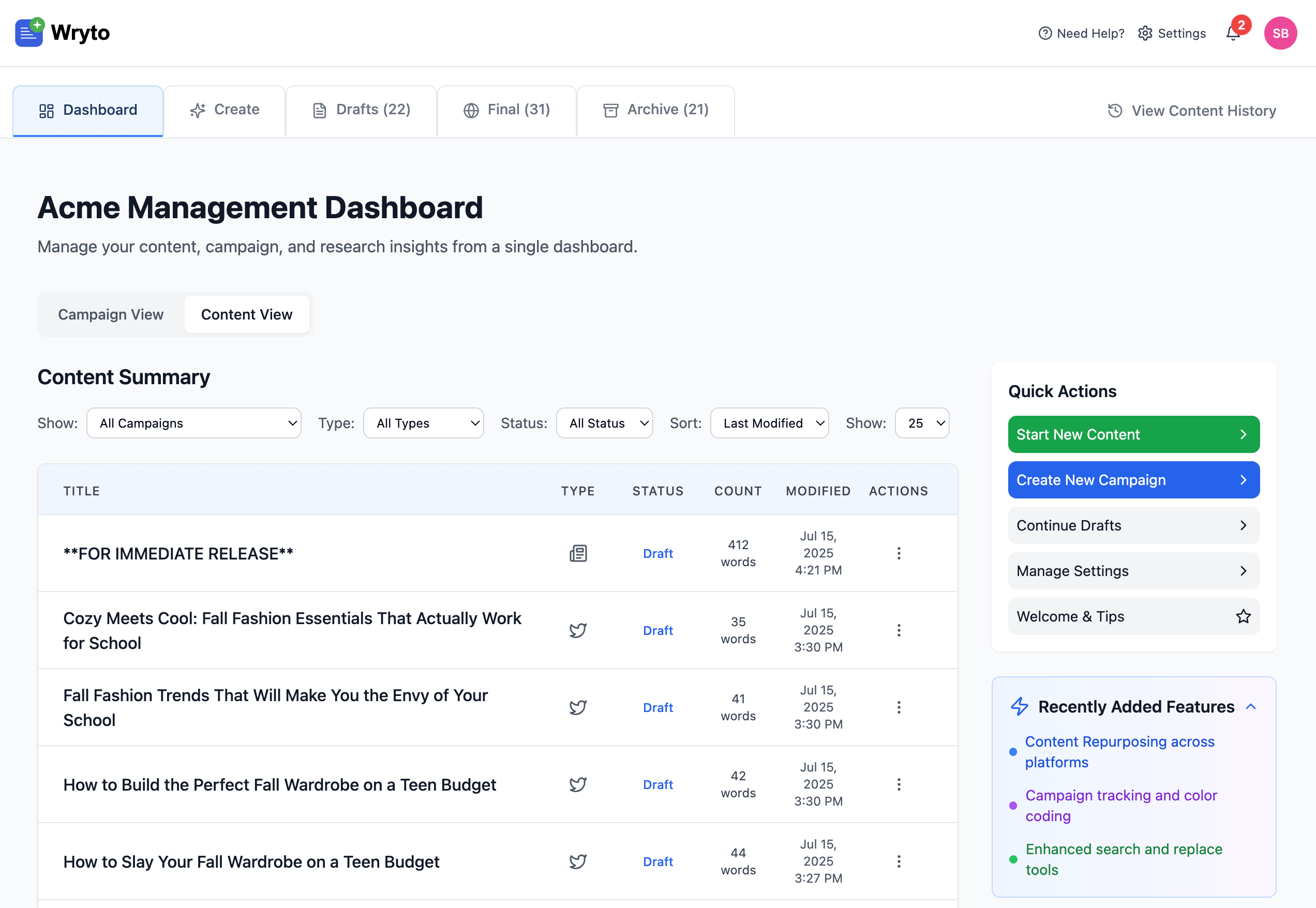 Wryto Dashboard View 2